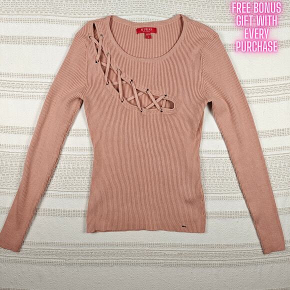Guess Pink Cutout Lace-Up Detail Sweater Women’s Size L NEW - Picture 1 of 8